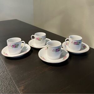 Demitasse Cups and Saucers,  Pink Rose Floral, Espresso Cups, Set of 4